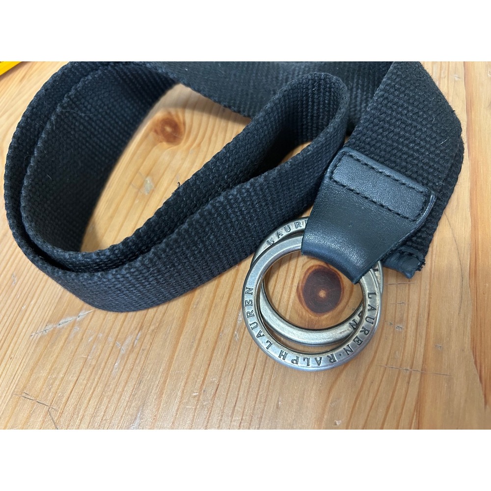 Lauren Ralph Lauren Black Webbed O Ring Belt Silver Tone Classic Lux37.5 Inch